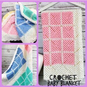 Yarn Crochet Green Yellow Pink & Blue Baby Blanket